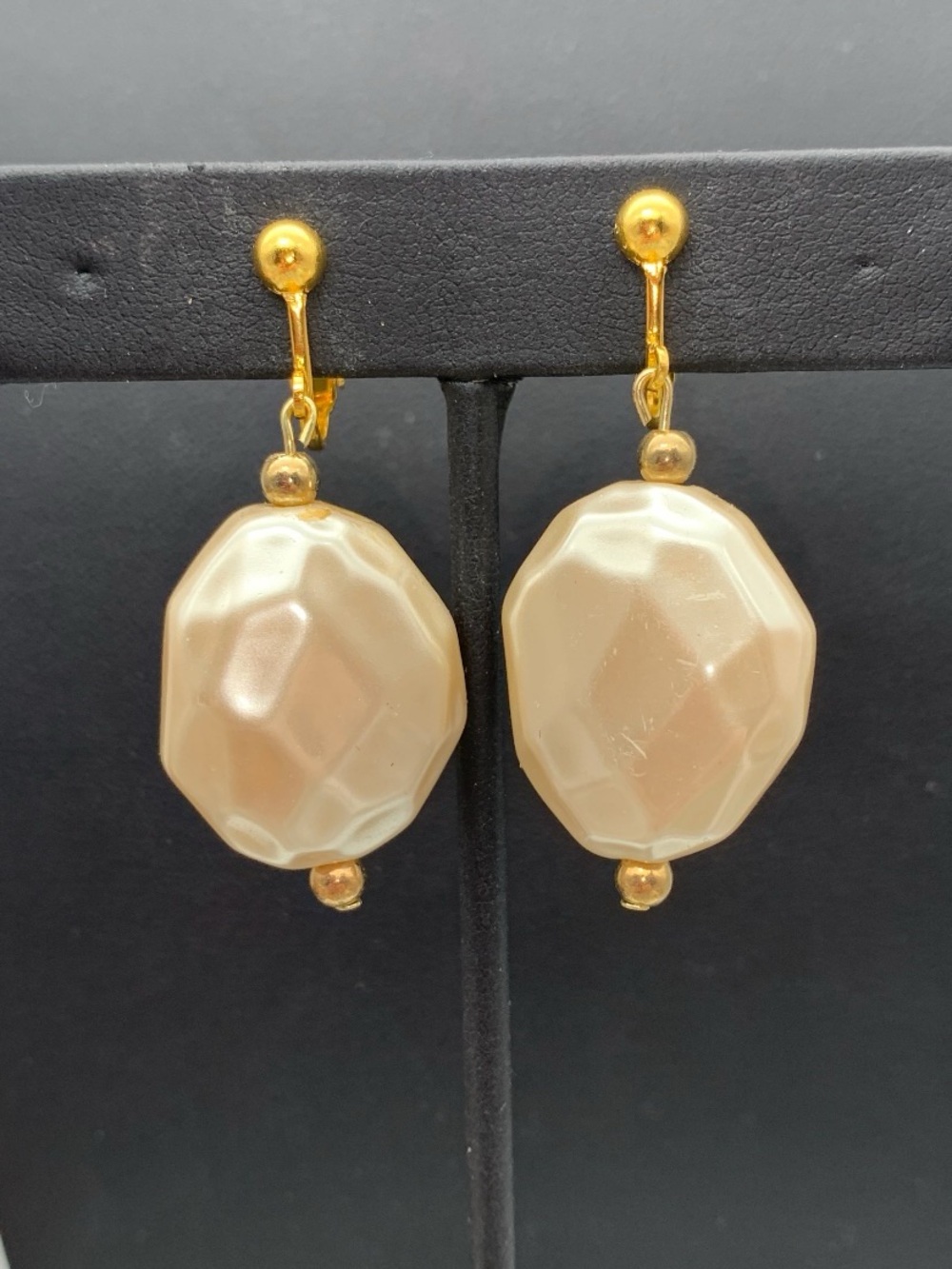 Gold-Tone Cream Faceted faux baroque pear Drop clip on Earrings